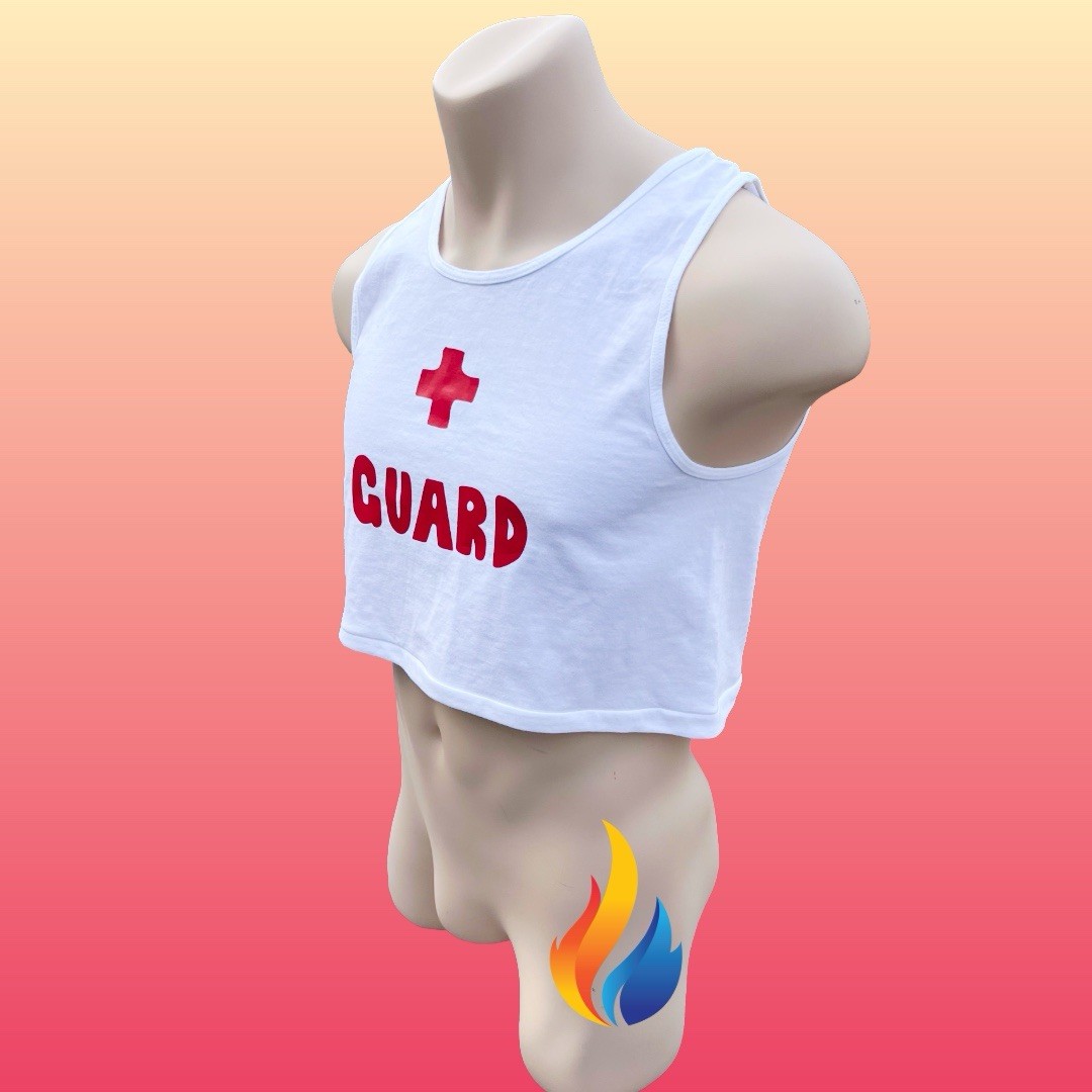 Lifeguard custom printed Mens White 100% cotton super short crop tank top