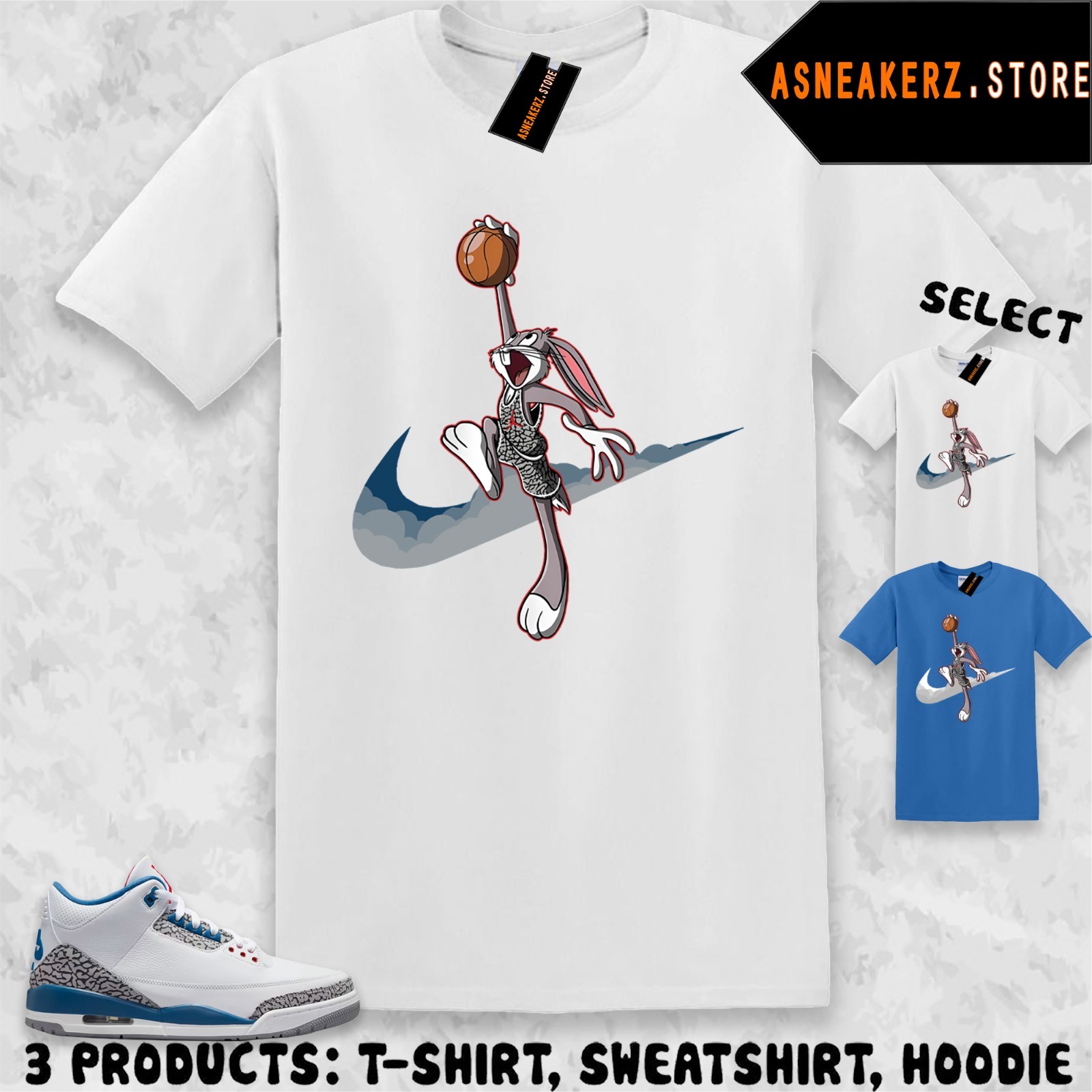 Shirt Matching AJ 3 OG True Blue 2026 To Match Sneaker Bugs Just Dunk It T-Shirt