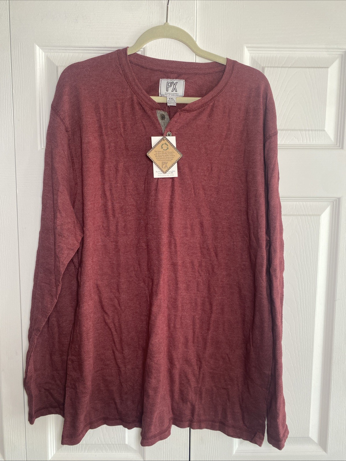 PX Clothing Henley Shirt Mens Red Long Sleeve Casual Sustainable Cotton Size XXL