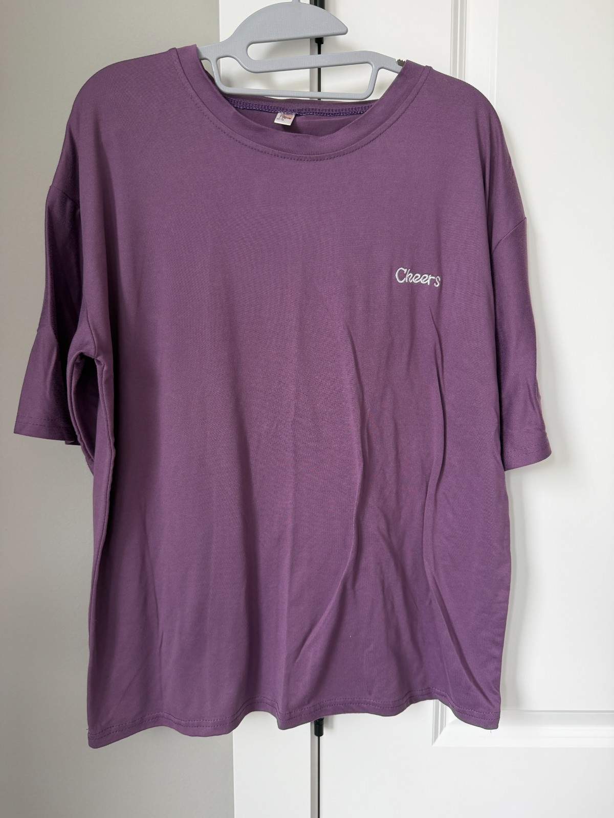 Purple Cheers Embroidered T Shirt Oversized Crew Neck Short Sleeve Pullover