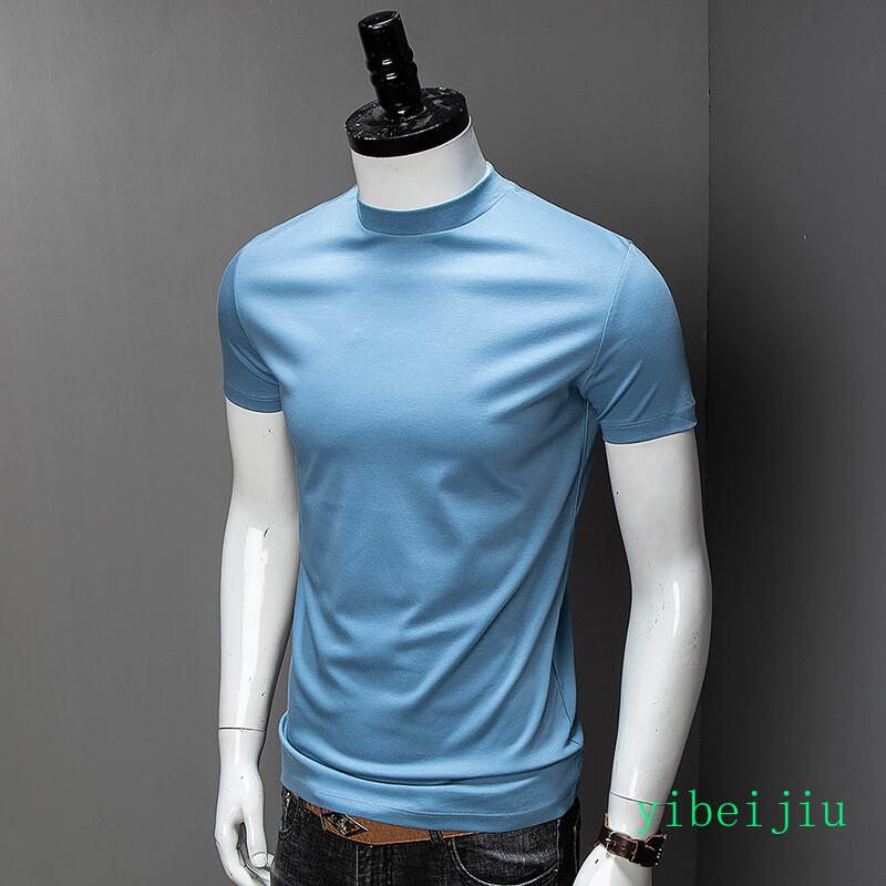 Mens Summer Half High Collar Silk Cotton Short Sleeved Slim Fit Shirts Comfort