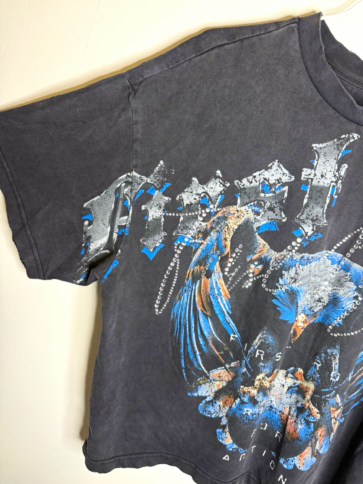 Denim black cropped tee featuring a graphic of an eagle with blue
