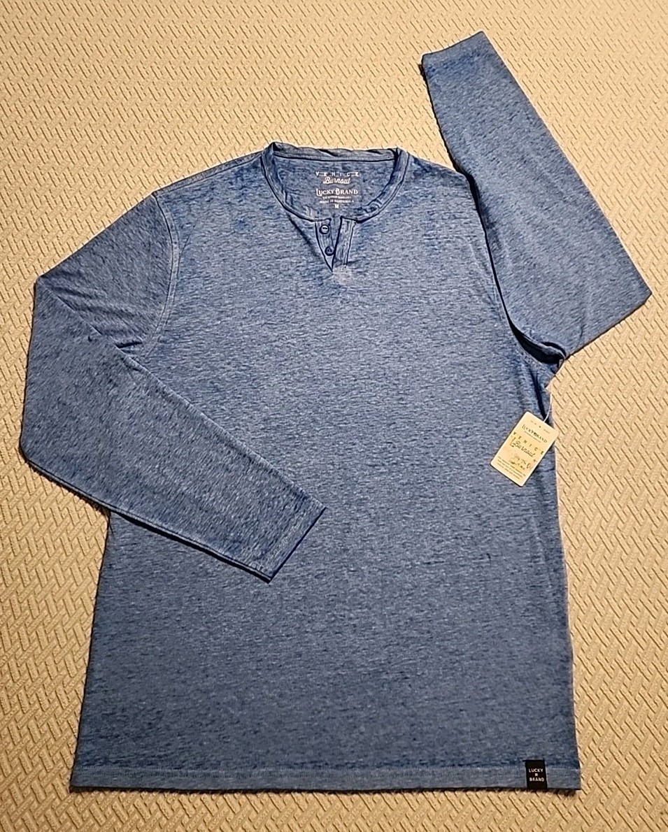 Lucky Brand Venice Burnout Mens M Long Sleeve Henley Shirt Blue NWT