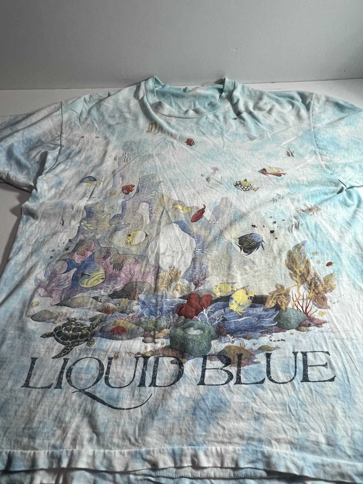 Vintage Liquid Blue Shirt Mens L Coral Reef Aquatic Ocean Fish AOP 90’s Thrashed