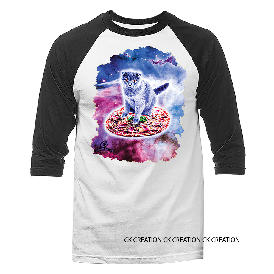 Gray Cat Riding Whole Pizza Animal Funny Joke Humor Humorous 3/4 Sleeve Raglan