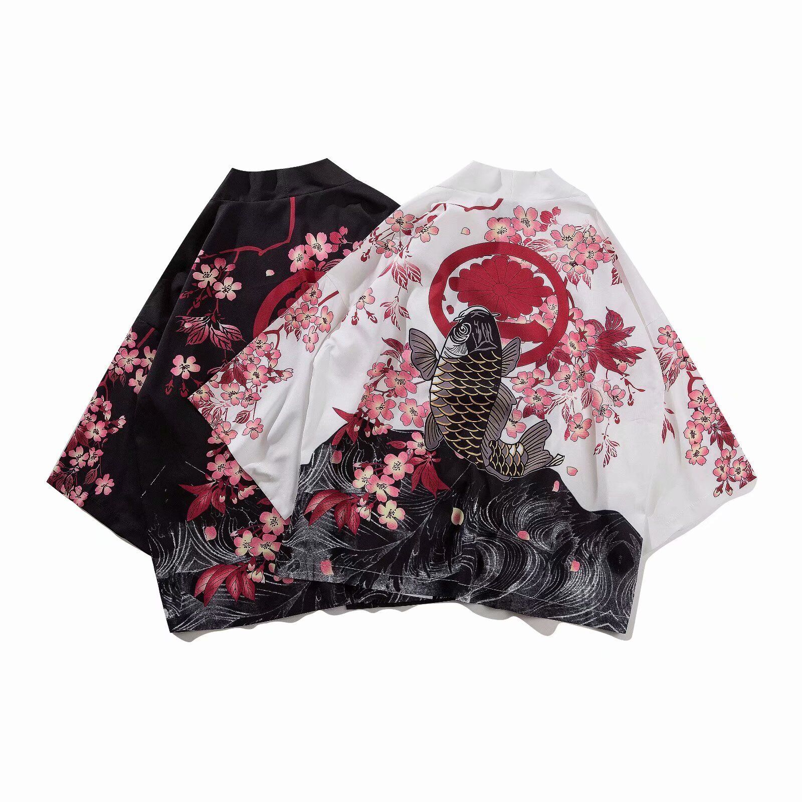 Niepce Streetwear Japanese Black Kimono Graphic Tee Fish Short Sleeves Shirt