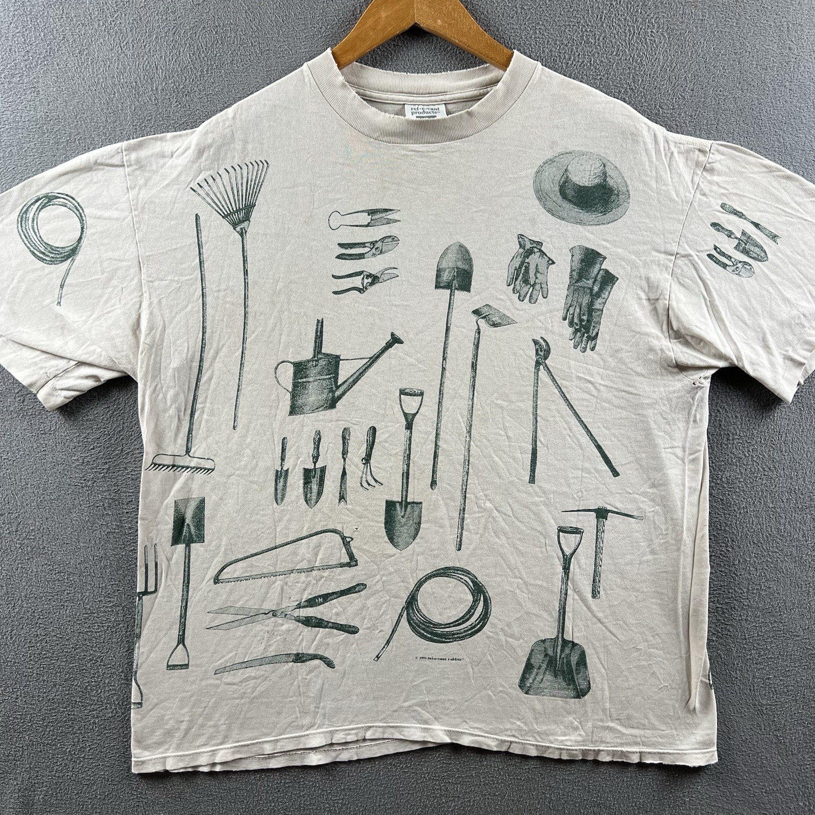 Vintage Garden Tools Shirt Mens XL Distressed All Over Print 90s AOP Grunge Tee