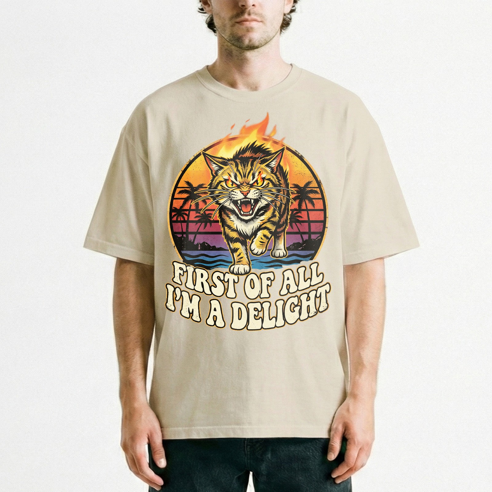 Angry Tiger Fire Eyes Tropical Beach Tee Retro Sunset Palm Trees T-Shirt