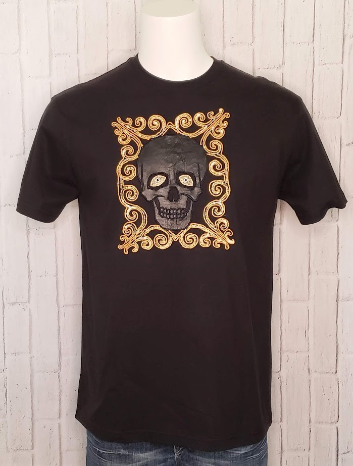 VTG 1990s 90s Y2K Edward Dada Black Leather Applique Skull Embellished Tee Shirt
