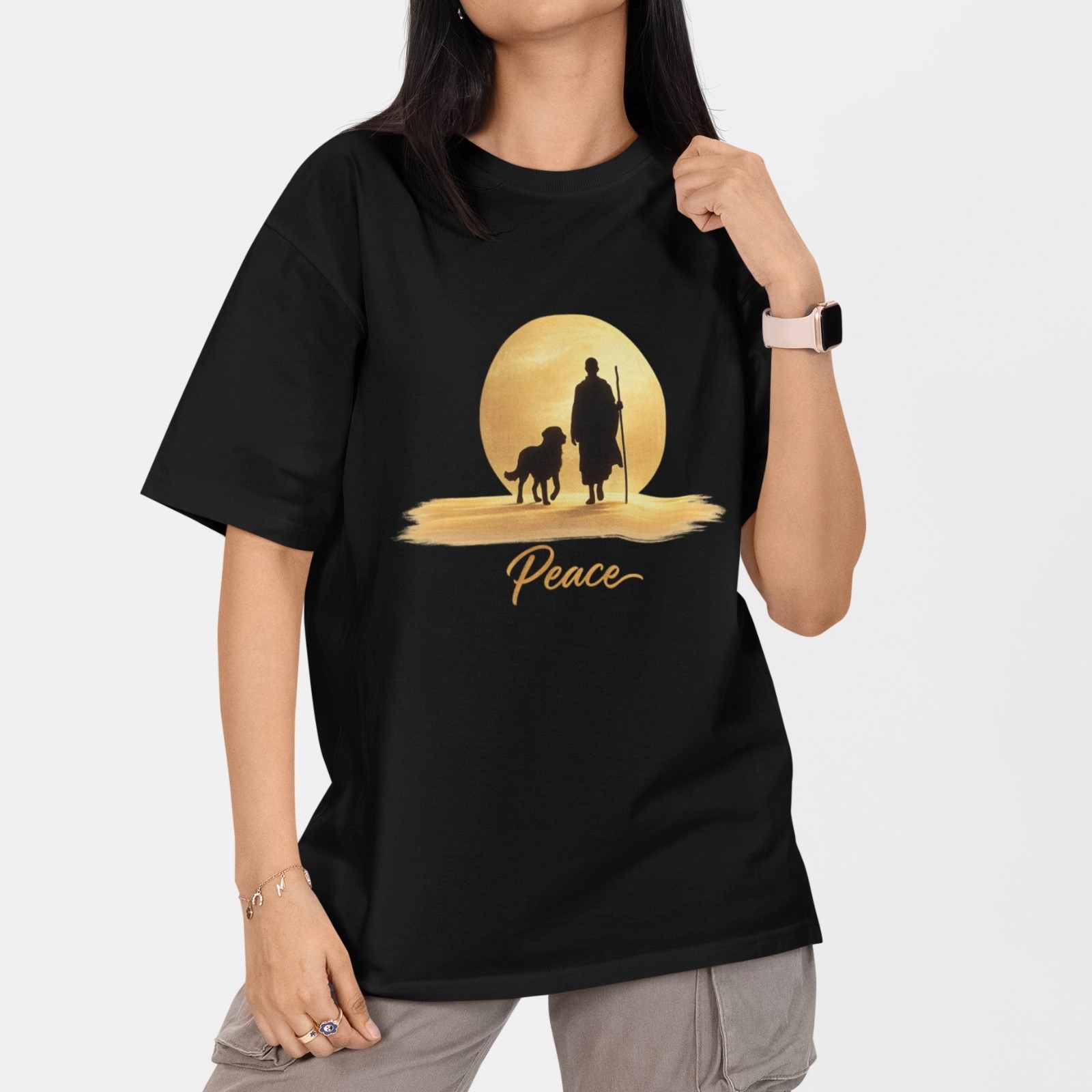 Walk For Peace Sunset Monk Dog T Shirt Spiritual Zen Graphic Tee Gift S-5XL