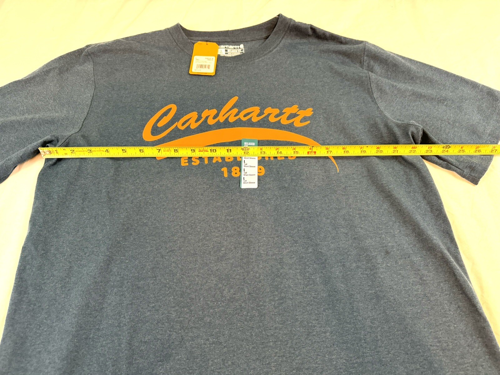 Carhartt Men’s Tshirt Short Sleeve Navy Heather Gold Script Logo Size Large Tall