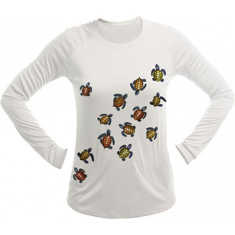 Sea Fear Women’s 50+ UPF Long Sleeve Rash Guard Scuba Snorkeling Baby Turtles