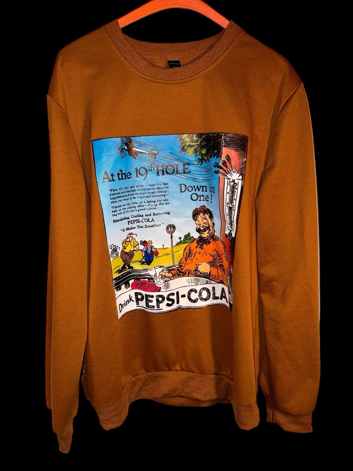 Romwe “At the 19th hole Drink Pepsi Brown Long Sleeve T-Shirt Size Large