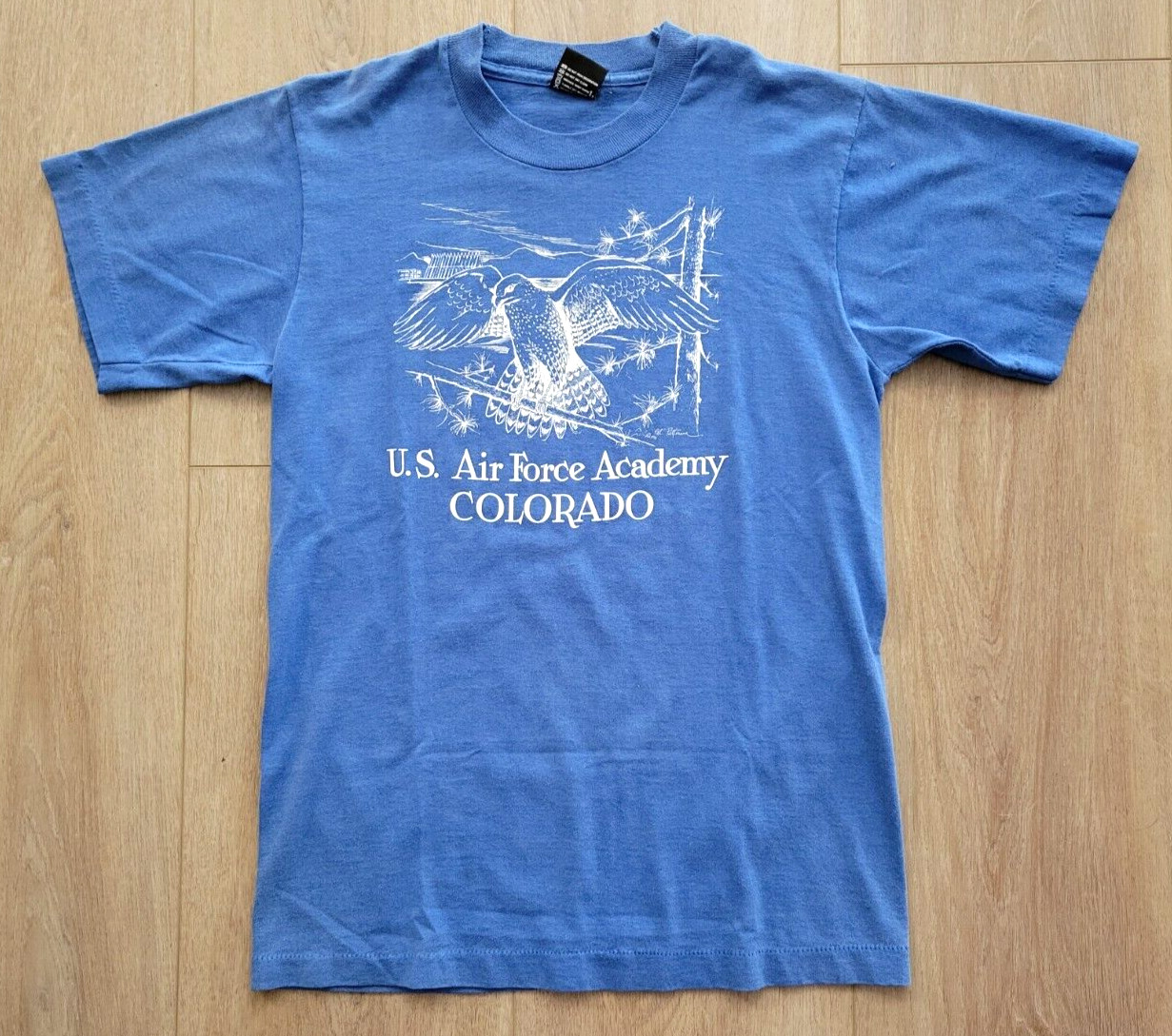 Vintage USAFA T-Shirt US Air Force Academy Mens Med Blue Falcons 80s