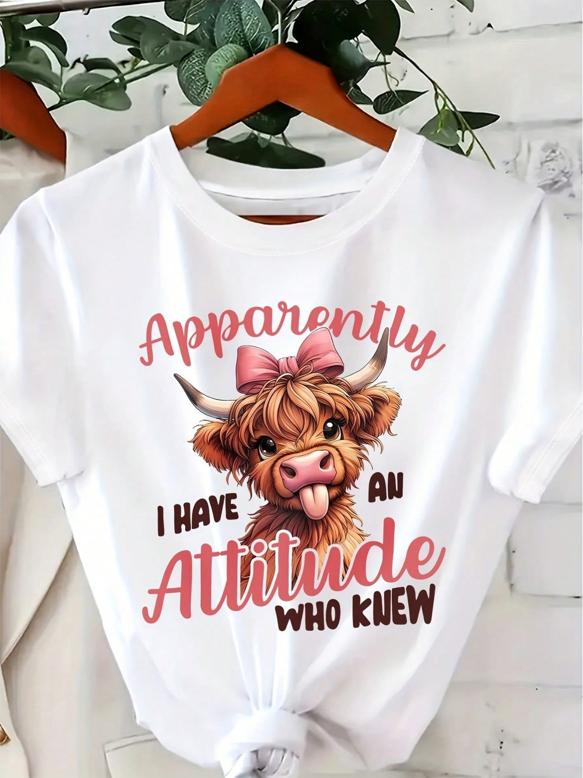Cute Highland Cow Pattern Print Short Sleeves Round Neck TShirt
