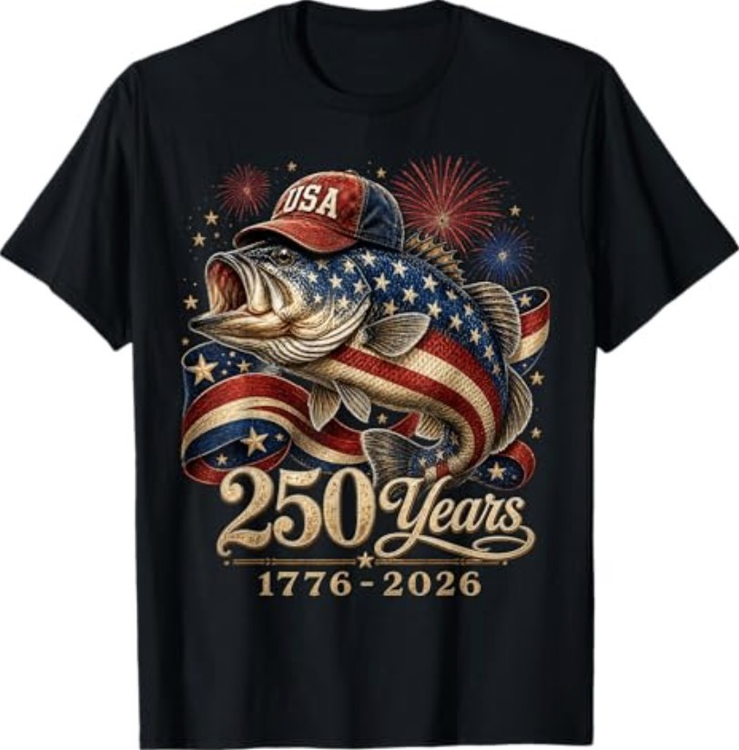 250 America 1776 2026 Bass Fishing USA Flag 250th Birthday T-Shirt