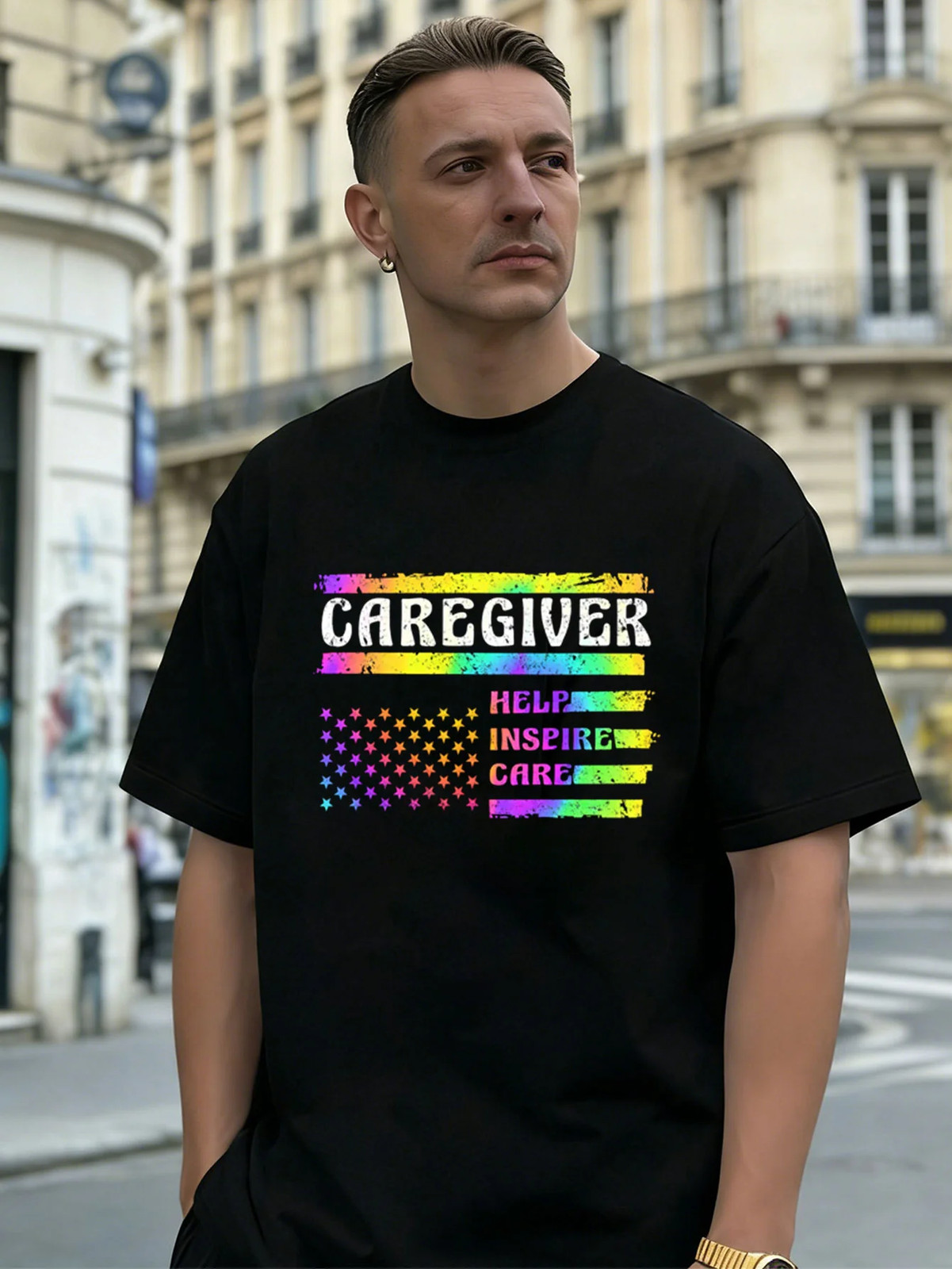 Caregiver Help Inspire Care 100% Cotton Men’s T-Shirt for Daily Streetwear