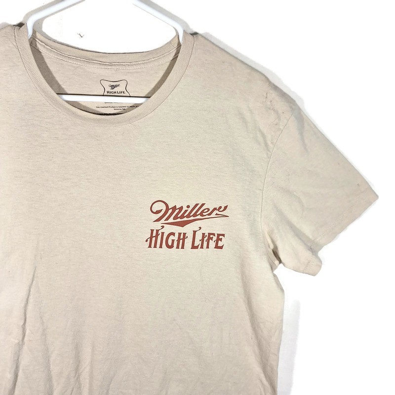 Miller High Life Beer Graphic Tshirt Mens L Short Sleeve Crew Neck Beige Cotton