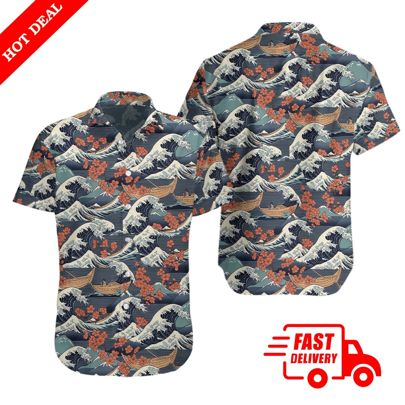 Ukiyo-e Sakura Wave Men Hawaiian Shirt Japanese Print Pleated Button Down Beach