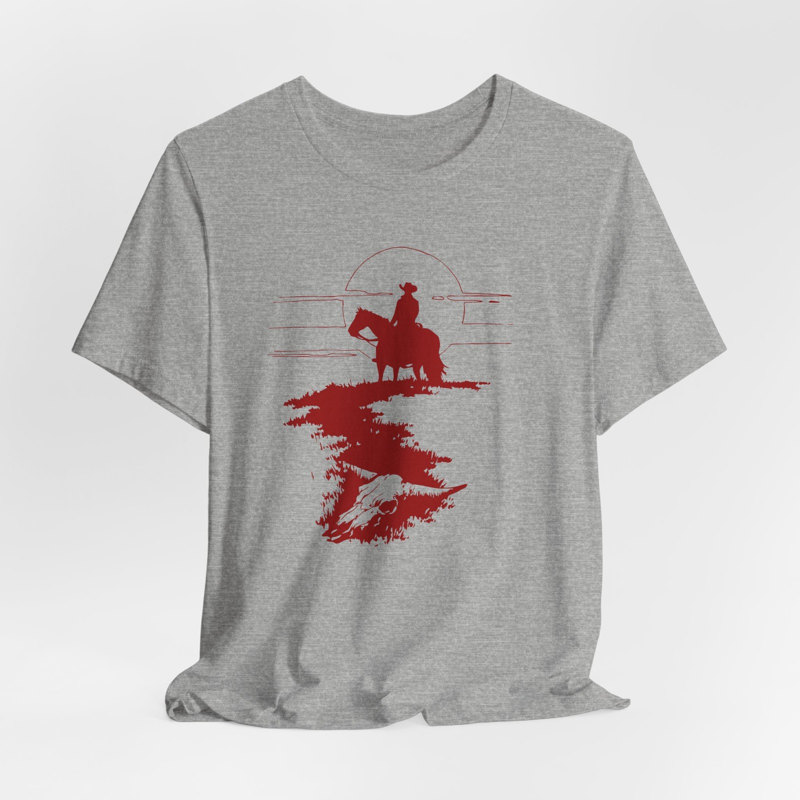 Western Cowboy T-Shirt – Silhouette Rider Sun & Bull Skull Graphic Tee – Unisex
