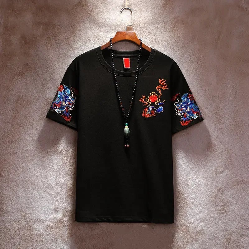Men Dragon Embroidered T Shirt Summer Casual Short Sleeve Top Graphic Tee
