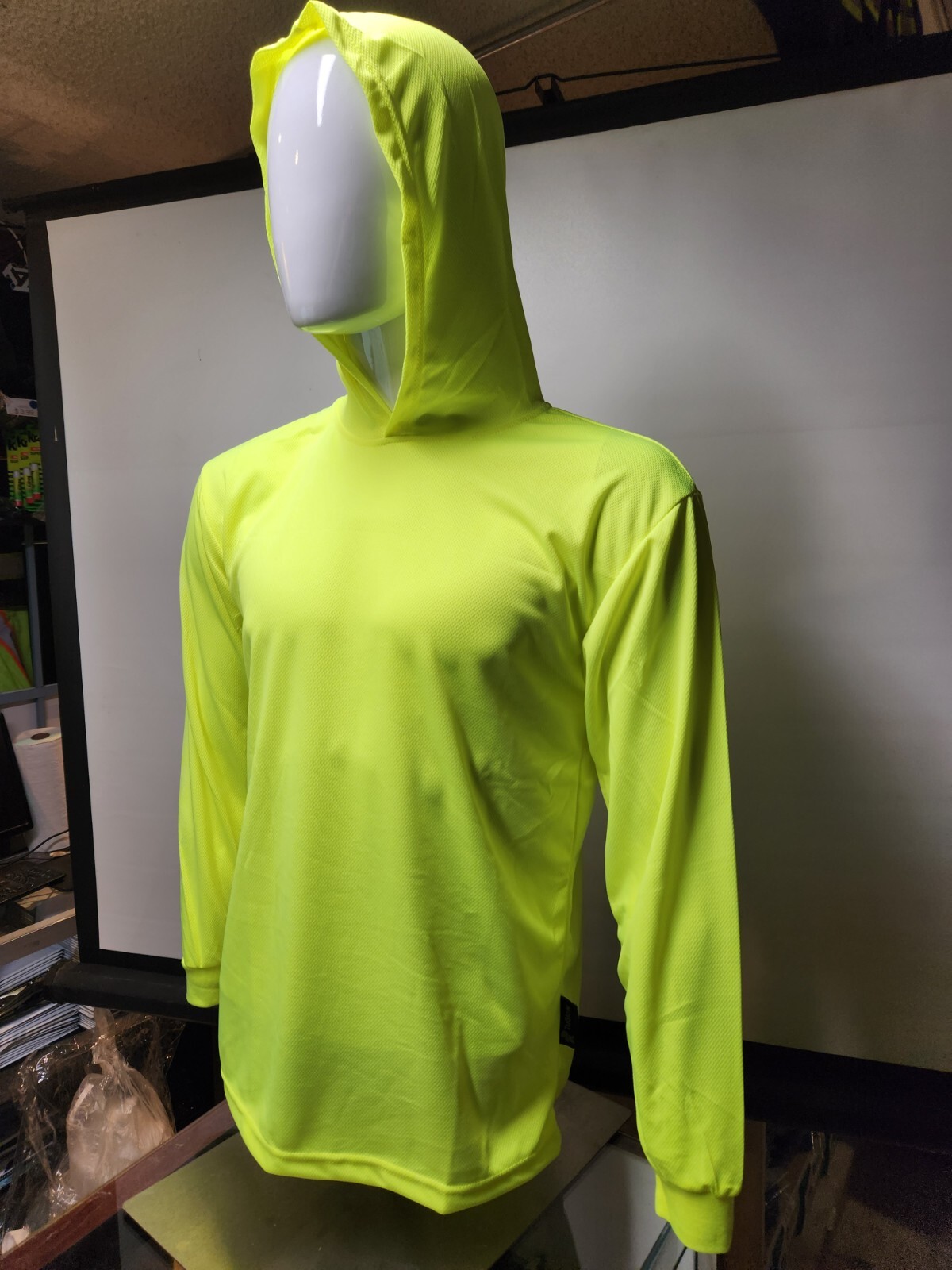 Neon Yellow or Orange Long Sleeve Hoodie Shirt, Polyester birdeye mesh