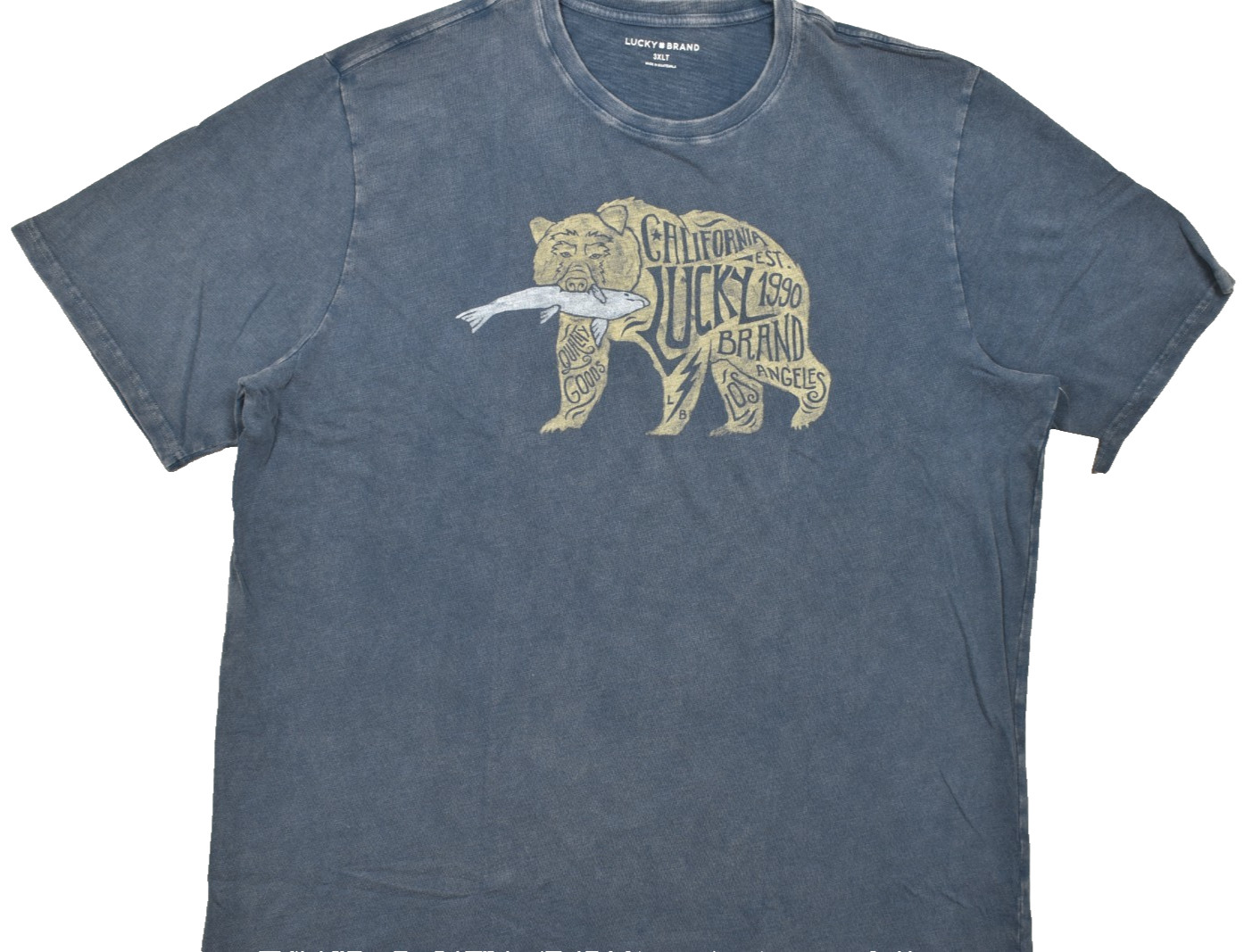 Lucky Brand Men’s Tee Bear Shirt Blue Short Sleeve 100% Cotton Crew Sz 3XLT NEW