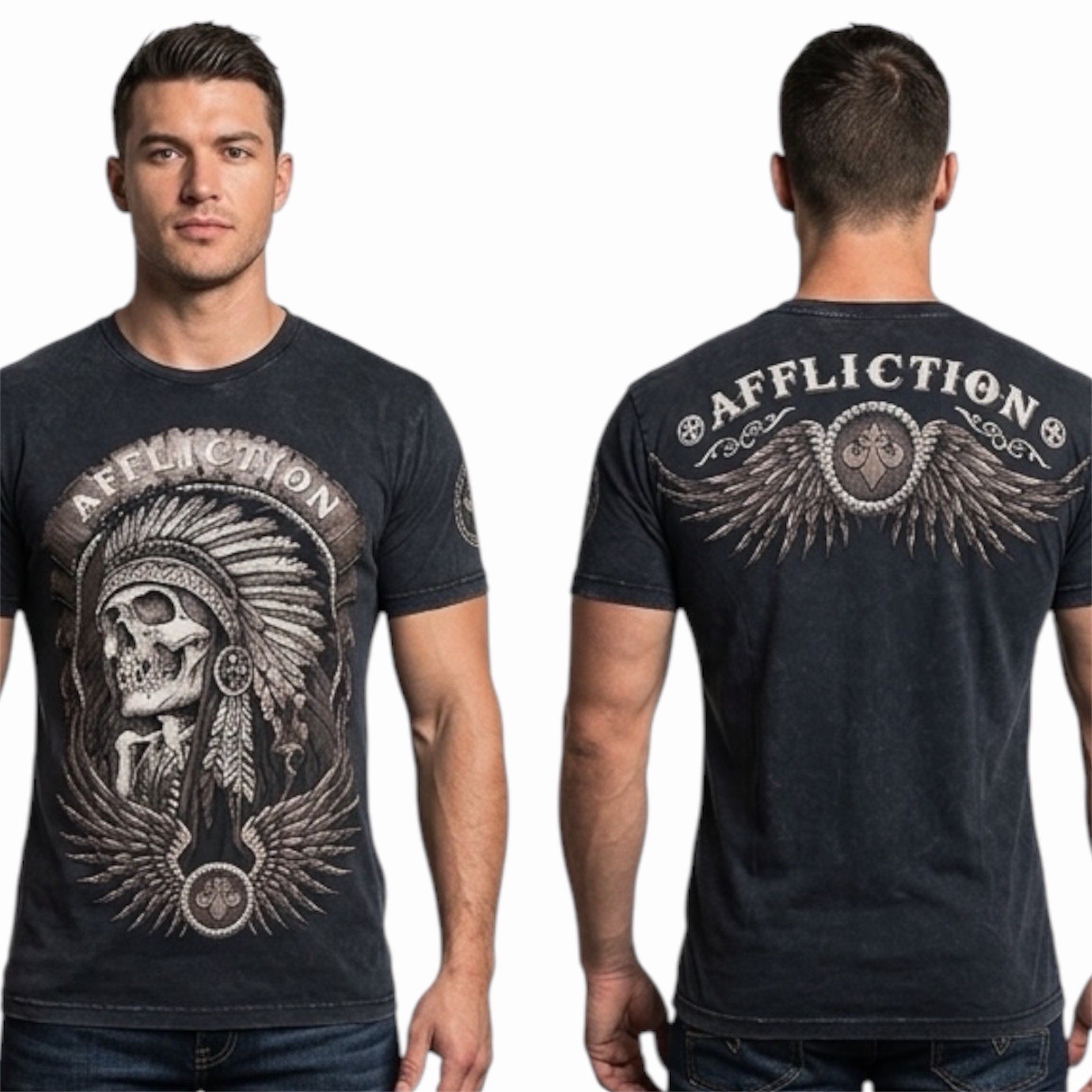 $58 AFFLICTION Black THUNDERFOOT Short Sleeve Slim Fit Y2K T-shirt MMA Elite NWT