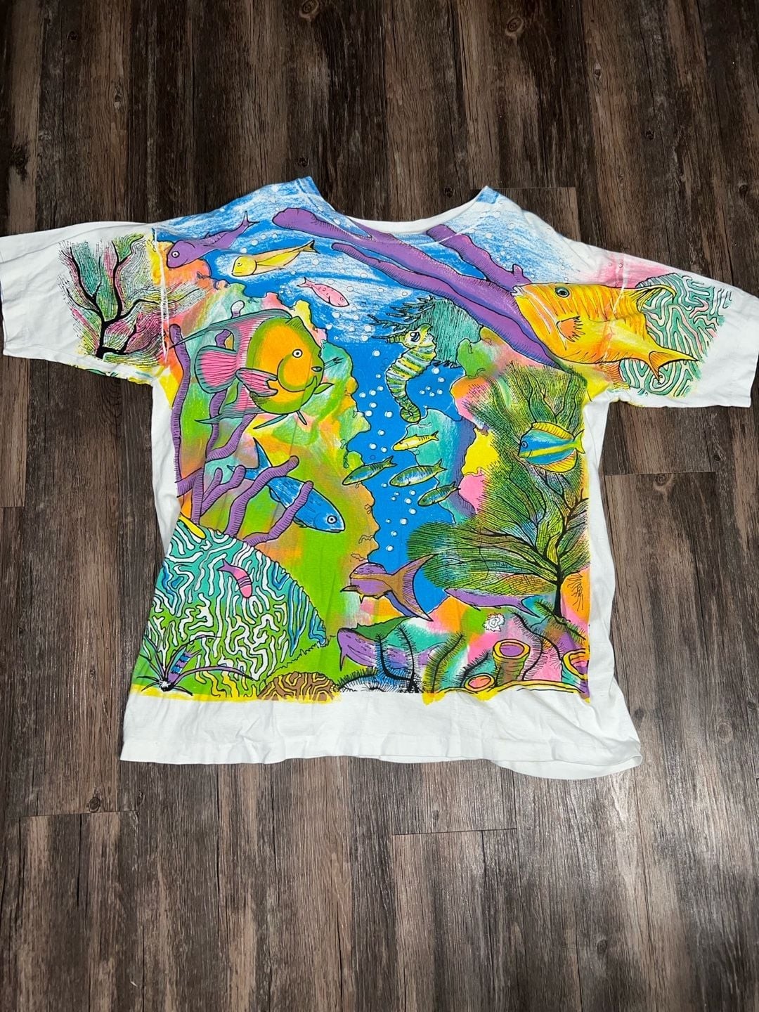 Vintage 90s Under the Sea Tropical Fish Coral Reef All Over Print T-Shirt