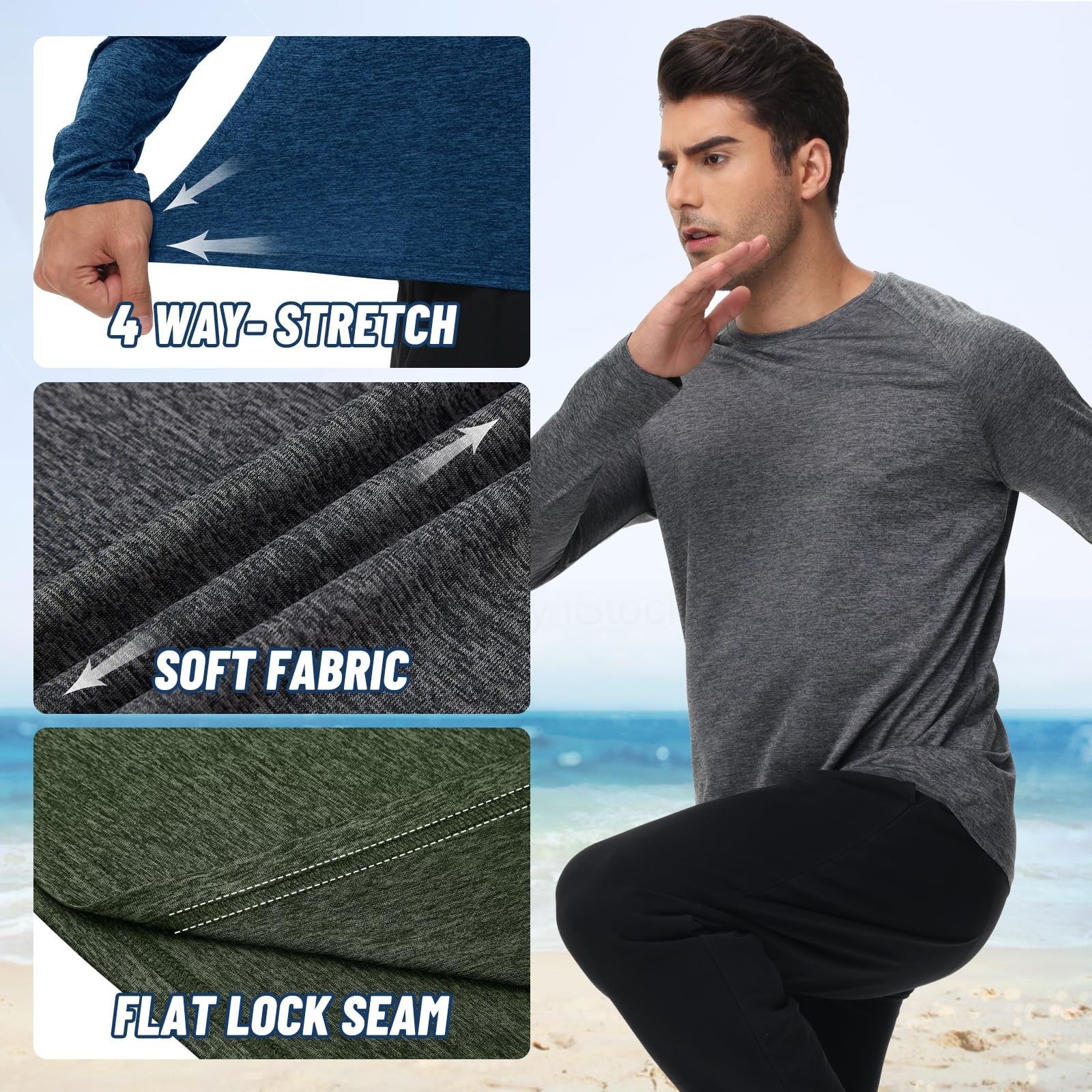 3 Pack Mens Long Sleeve Quick Dry UV Protection Athletic Fishing Shirts