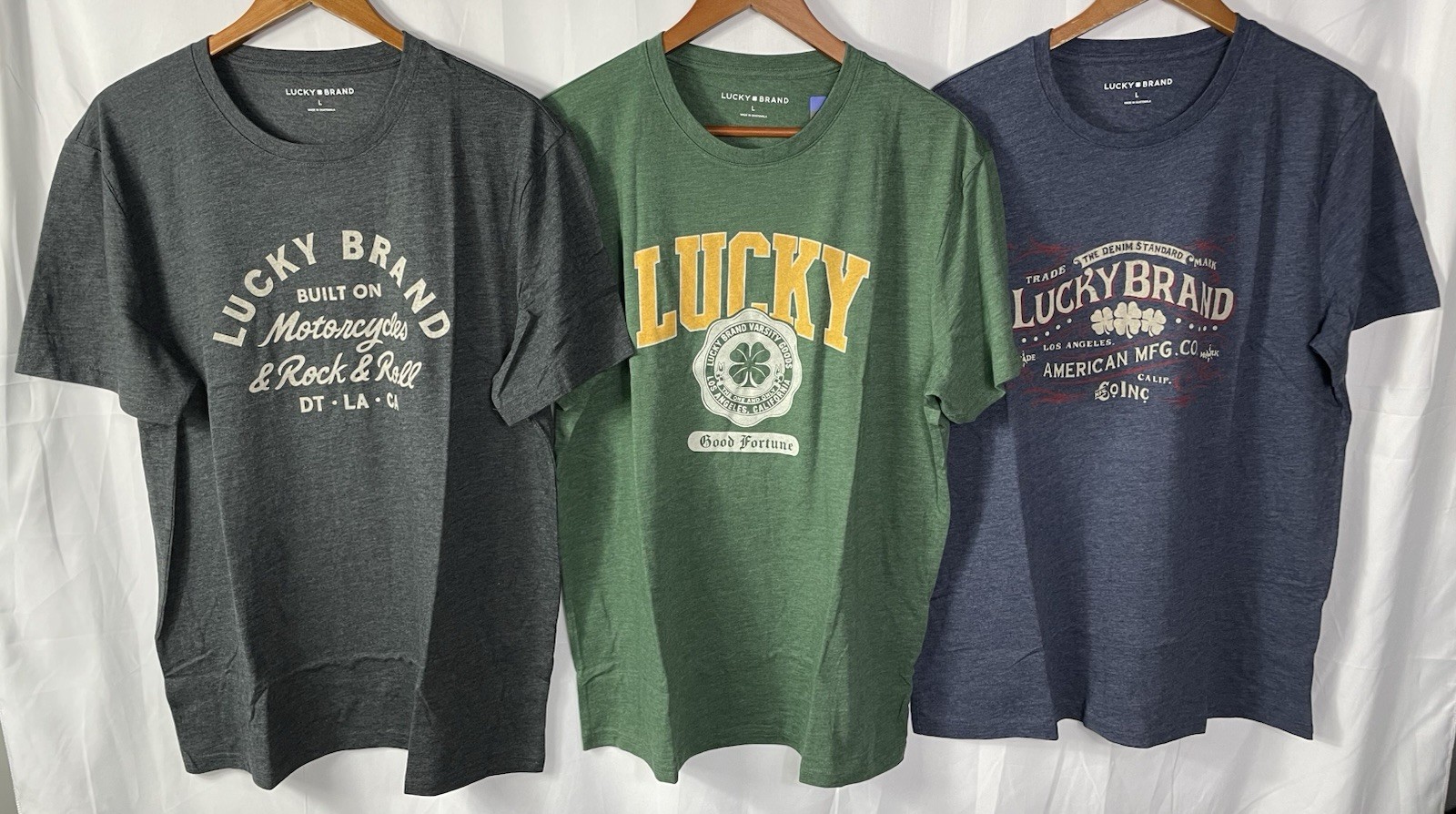 Lucky Brand Men’s LARGE Or XL Lot of 3 Graphic Tees in 3 Colors NWT