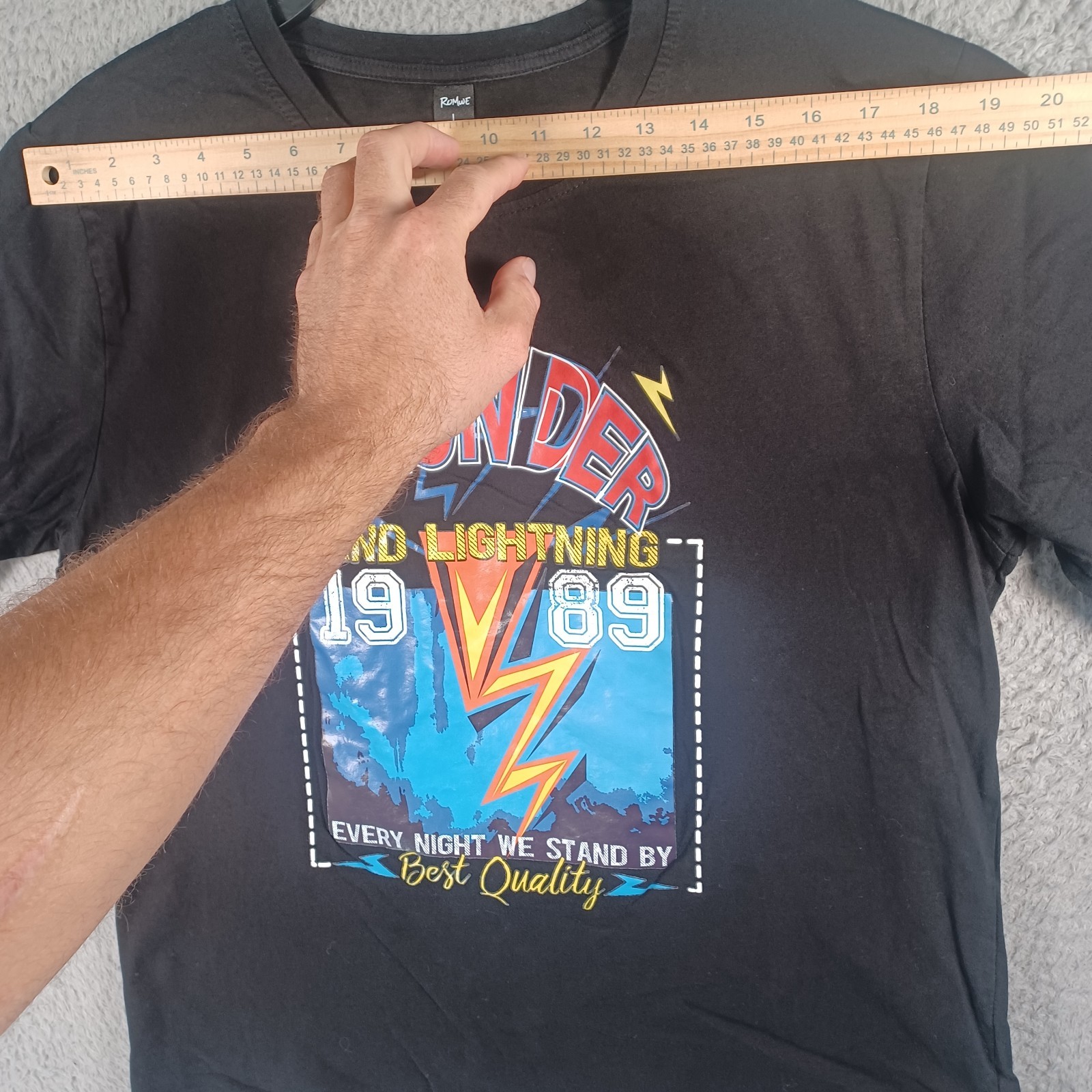 Romwe Mens Black T-Shirt Size Large Thunder And Lightning 1989 Every Night Stand