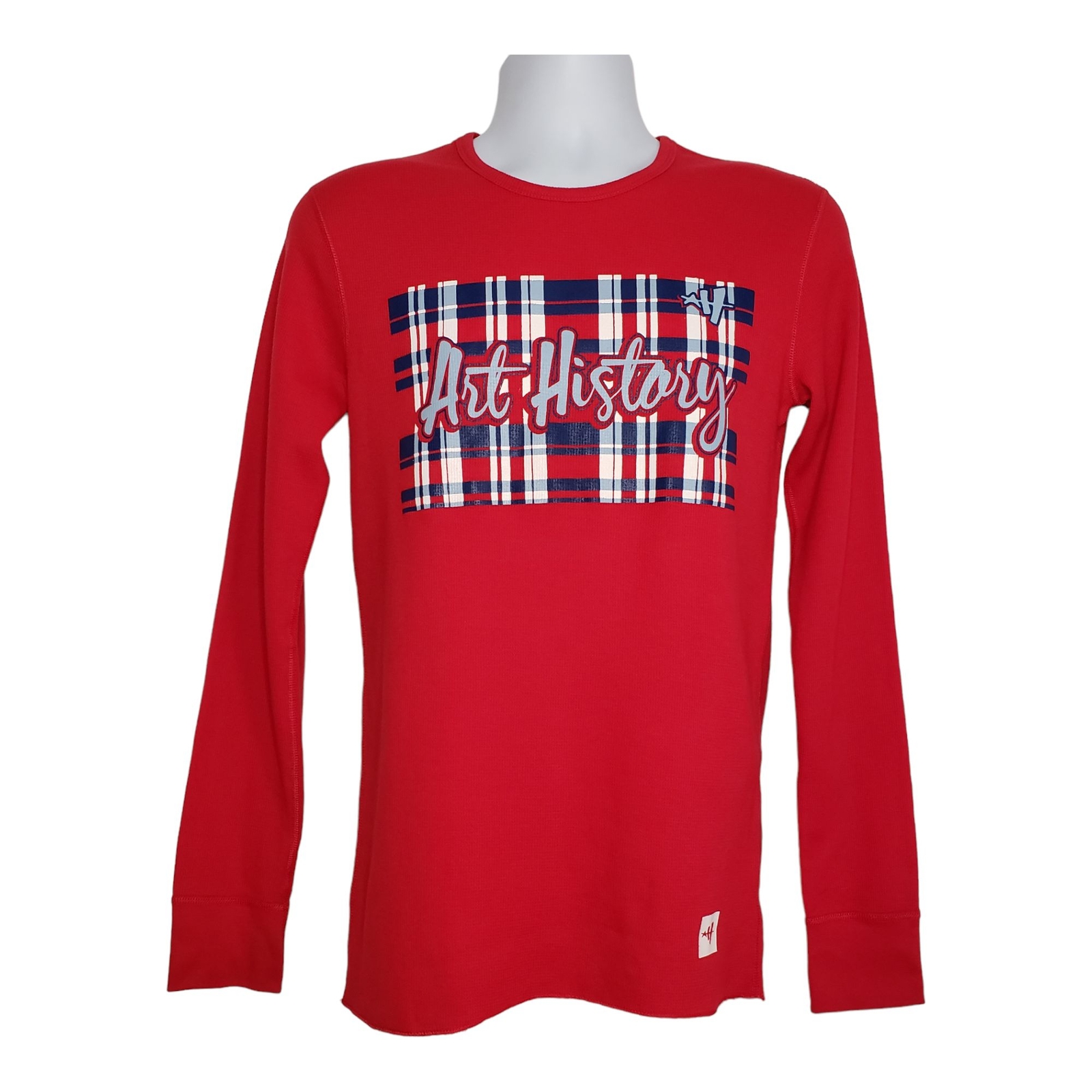 Art History Mens Plaid Spellout Graphic Waffle Knit Long Sleeve Top Red Sz Small