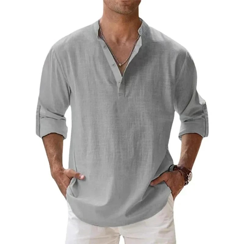 Men’s Cotton Linen Henley Long Sleeve Shirt Casual Beach T-shirt Tee Summer Gift
