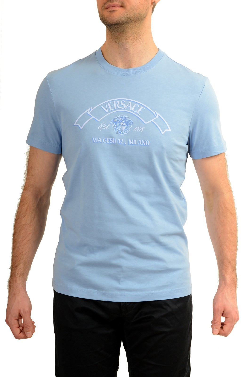 Versace Men’s Logo Print Blue Crewneck Short Sleeve T-Shirt US 4XL IT 60