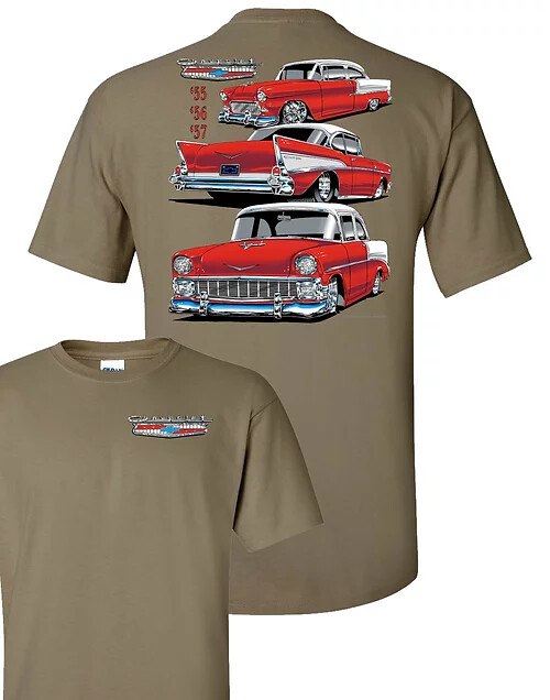 Chevy Tri-Five T-Shirt – Tan w/ Red 1955-1957 Bel Air One-Fifity Two-Ten 150 210