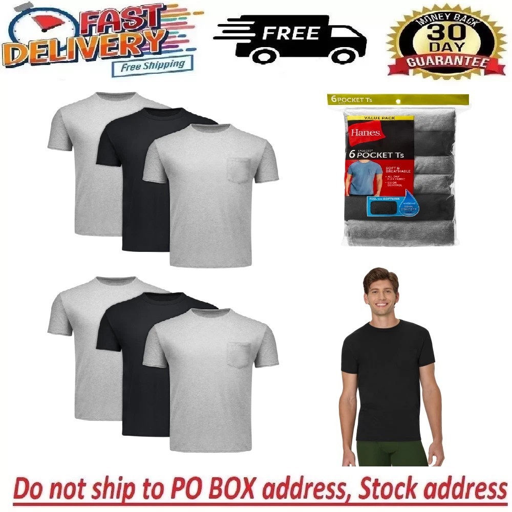 Hanes 6-Pack Pocket Tee Men’s T-Shirt Soft and Breathable Black/Grey
