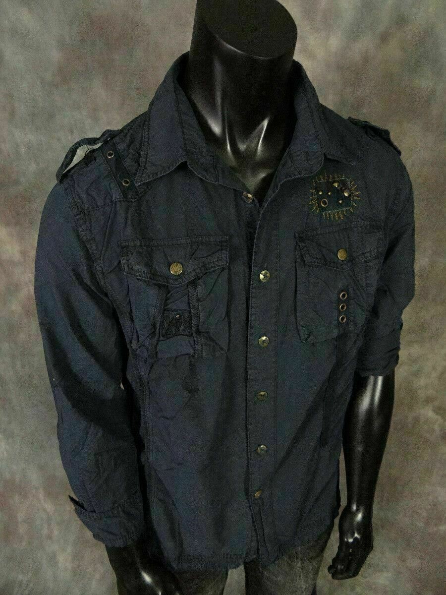 Mens Safari Button Shirt Pleated Pockets Studded Accents with Pin-Up Sleeves