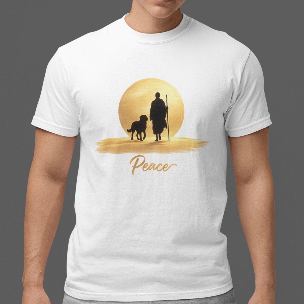 Walk For Peace Sunset Monk Dog T Shirt Spiritual Zen Graphic Tee Gift S-5XL