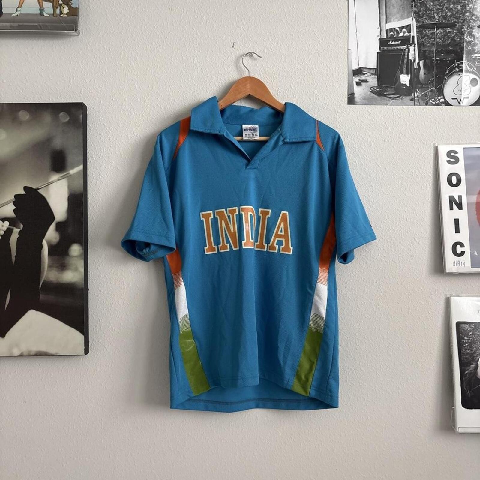 Vintage India Cricket Jersey RSE Sportswear Size 40 Blue Spellout Polo Shirt