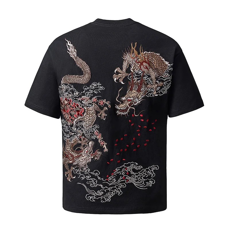 Men’s Embroidered Dragon T-Shirt Hip Hop Short Sleeve Heavy Stitch Streetwear
