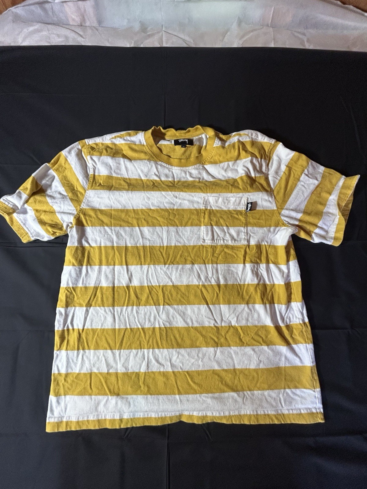 Stussy Yellow White Striped Pocket Logo Cotton Knit T-Shirt Men’s XL