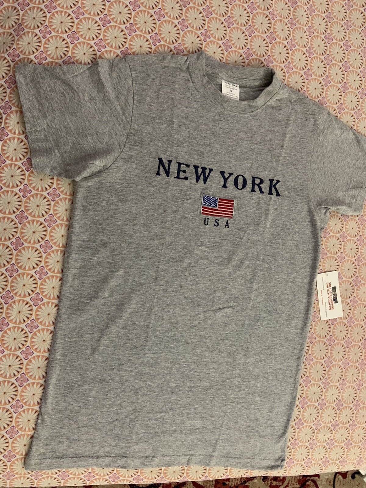 Man Boys NewYork NYC US Flag Embroidery Gray T-Shirt Cotton Size XS S M L XL 2XL
