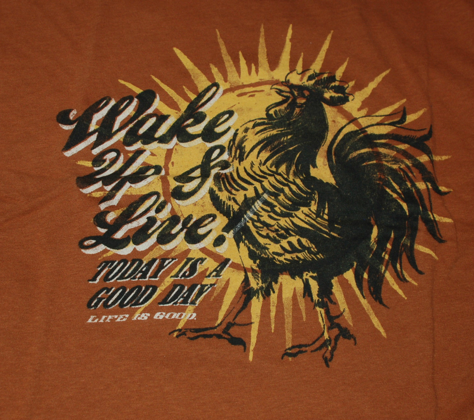 M NWT Men’s Life is Good Wake Up & Live Rooster Orange Semi-fitted LS Creamy Tee