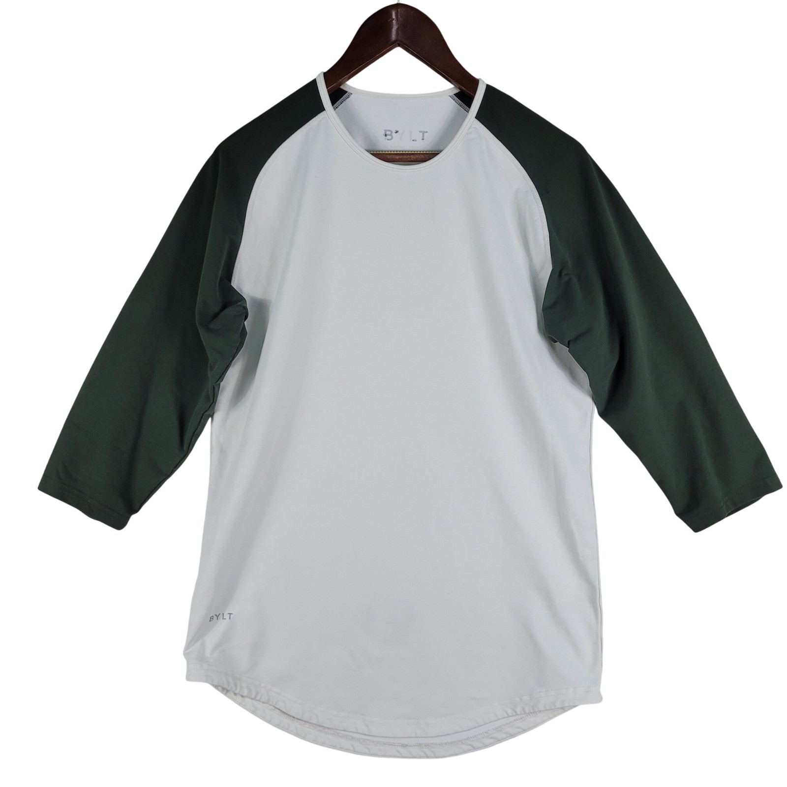 BYLT Raglan Shirt Adult M White Green Good 3/4 Sleeve Curved Hem Cotton Blend