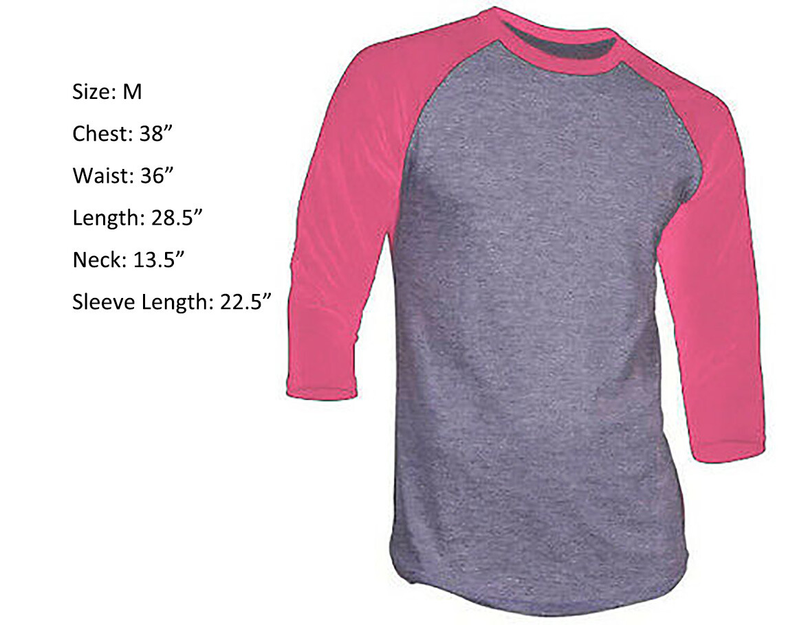 New 3/4 Sleeve Raglan Baseball Mens Plain Tee Jersey Sports T-Shirt Gray Pink M