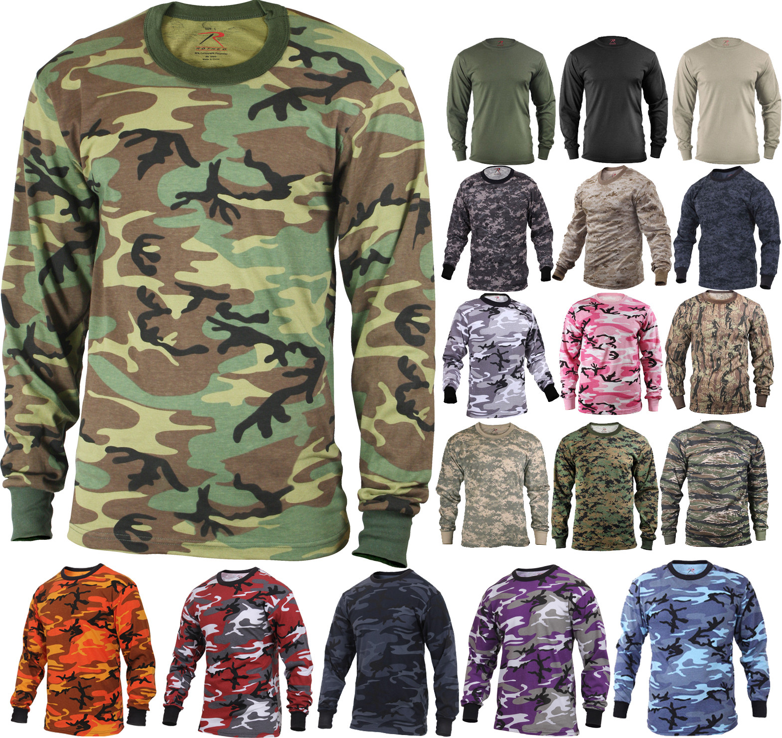 Camo Long Sleeve T-Shirt Tactical Military Crew Tee Undershirt Army Camouflage