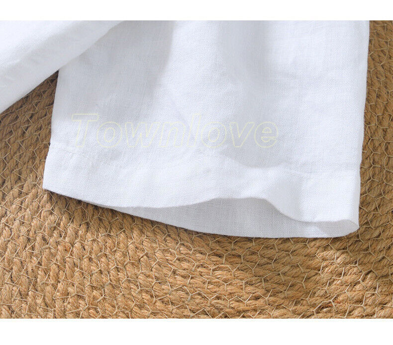 Men 100% Linen V Neck T-shirt Retro Summer Short Sleeves Tops Casual Undershirt