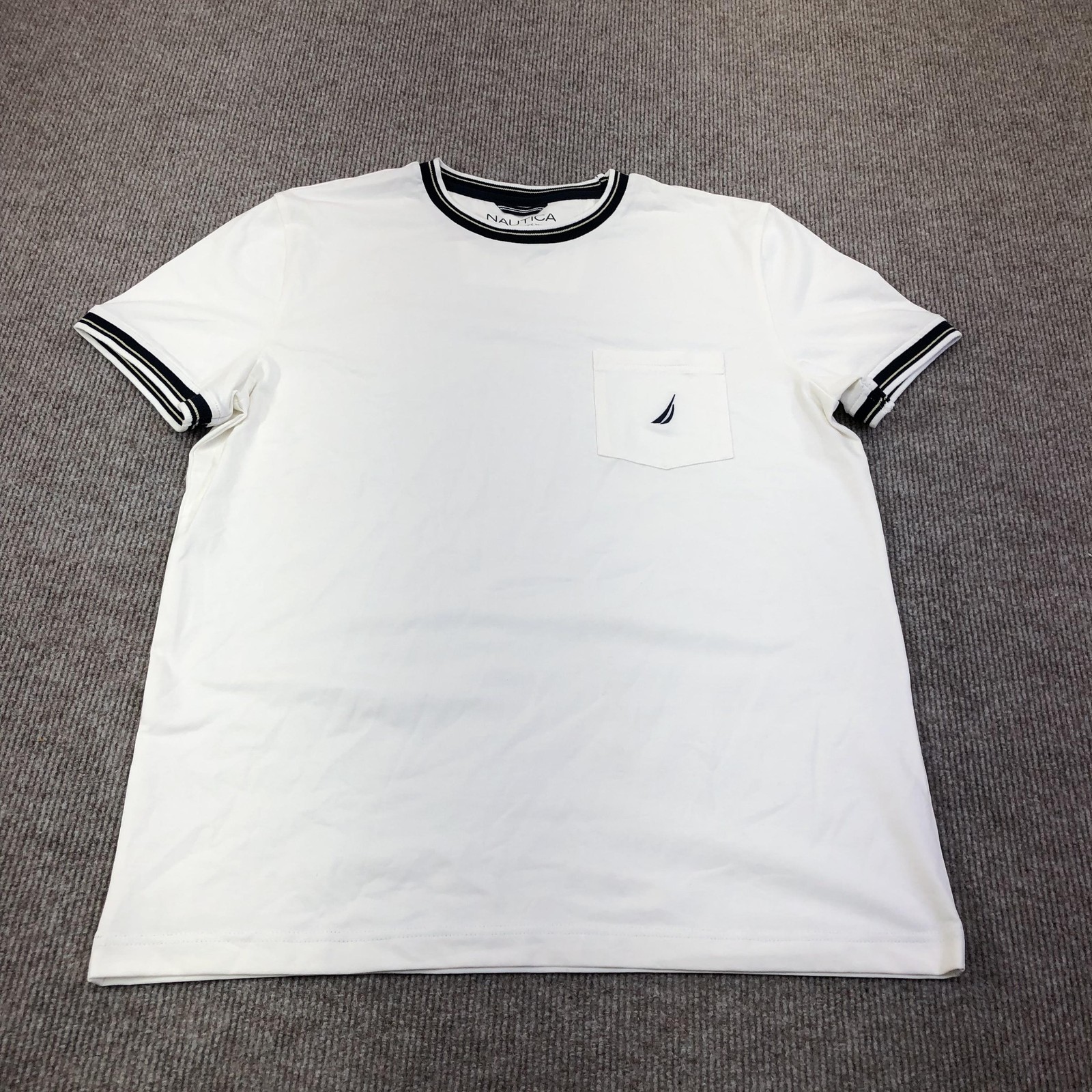 Nautica Shirt Mens Medium White Sail Logo Pocket Tee Tagless Ringer Nautical