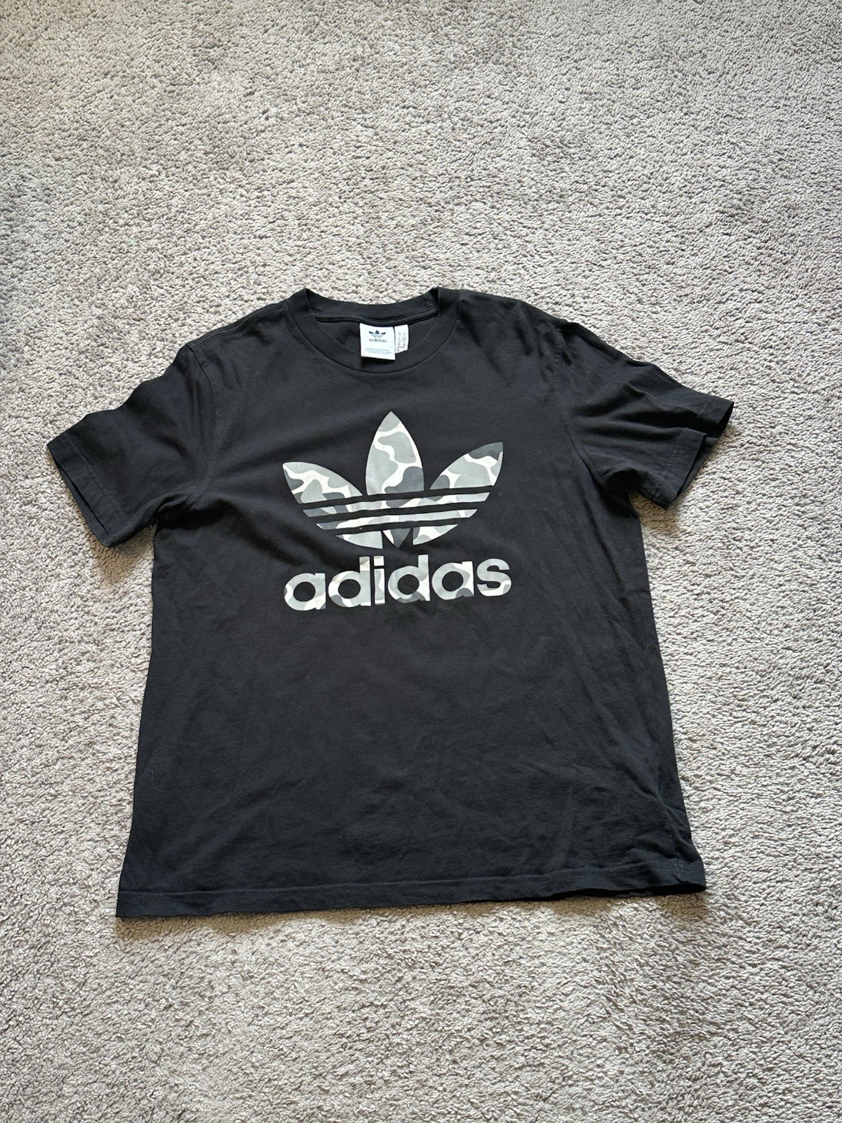 adidas Originals Mens Black Camo Trefoil Graphic Logo Tee Crew Neck Size M